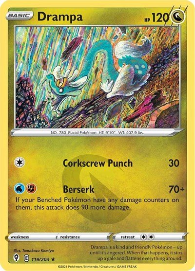 Pokémon card: Drampa 119/203 from Evolving Skies (Rare), Dragon type, front of card
