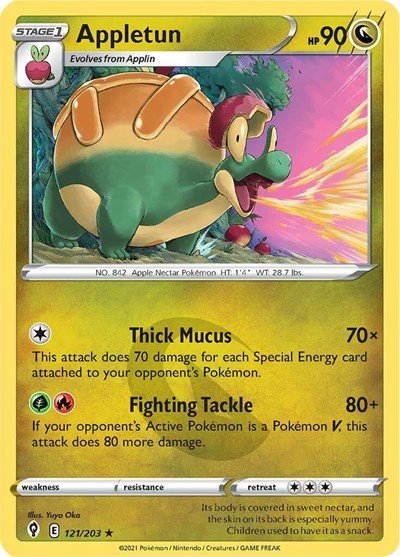 Pokémon card: Appletun 121/203 from Evolving Skies (Rare), Dragon type, front of card