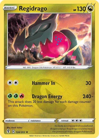 Pokémon card: Regidrago 124/203 from Evolving Skies (Holo Rare), Dragon type, front of card