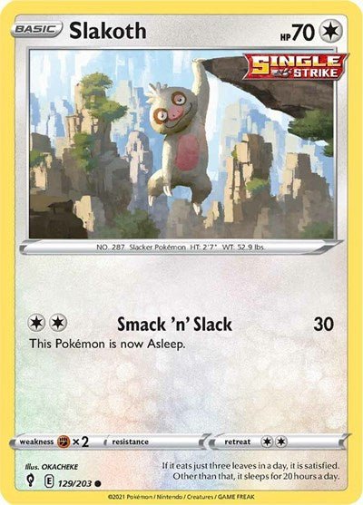 Pokémon card: Slakoth 129/203 from Evolving Skies (Common), Colorless type, front of card