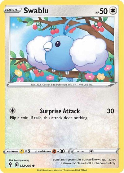 Pokémon card: Swablu 132/203 from Evolving Skies (Common), Colorless type, front of card