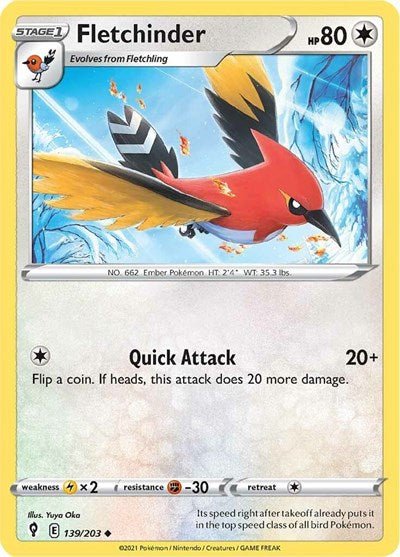 Pokémon card: Fletchinder 139/203 from Evolving Skies (Uncommon), Colorless type, front of card