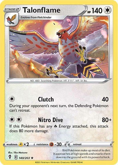 Pokémon card: Talonflame 140/203 from Evolving Skies (Rare), Colorless type, front of card