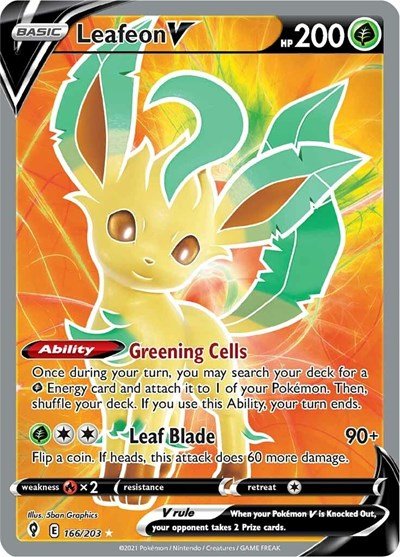 Pokémon card: Leafeon V (Full Art) 166/203 from Evolving Skies (Ultra Rare), Grass type, front of card