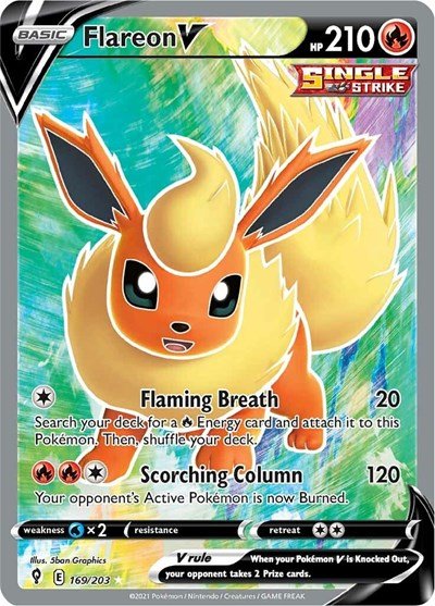 Pokémon card: Flareon V (Full Art) 169/203 from Evolving Skies (Ultra Rare), Fire type, front of card