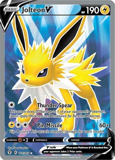Pokémon card: Jolteon V (Full Art) 177/203 from Evolving Skies (Ultra Rare), Lightning type, front of card