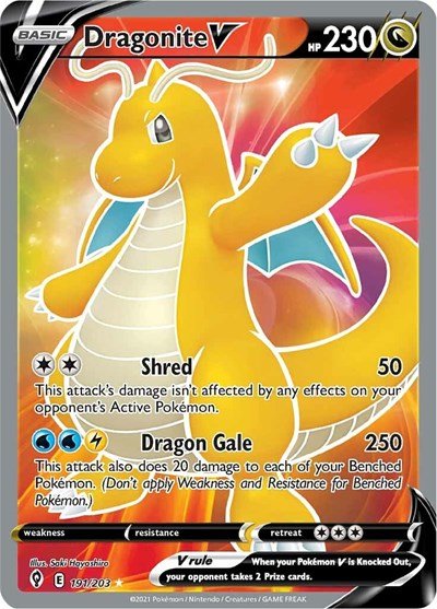 Pokémon card: Dragonite V (Full Art) 191/203 from Evolving Skies (Ultra Rare), Dragon type, front of card