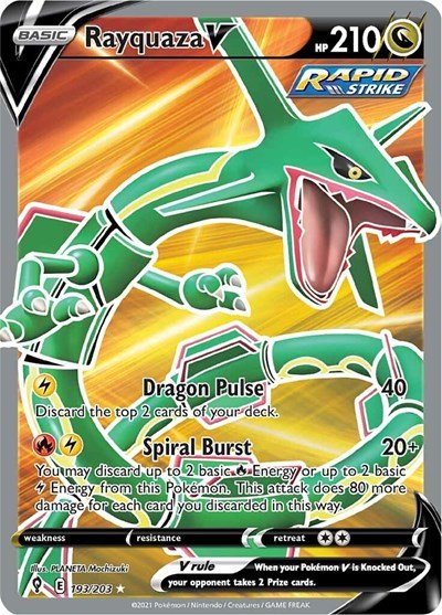 Pokémon card: Rayquaza V (Full Art) 193/203 from Evolving Skies (Ultra Rare), Dragon type, front of card