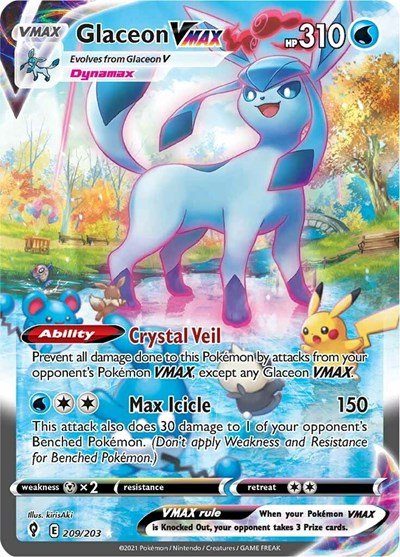 Pokémon card: Glaceon VMAX (Alternate Art Secret) 209/203 from Evolving Skies (Secret Rare), Water type, front of card