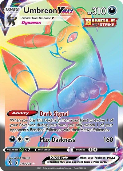 Pokémon card: Umbreon VMAX 214/203 from Evolving Skies (Secret Rare), Darkness type, front of card
