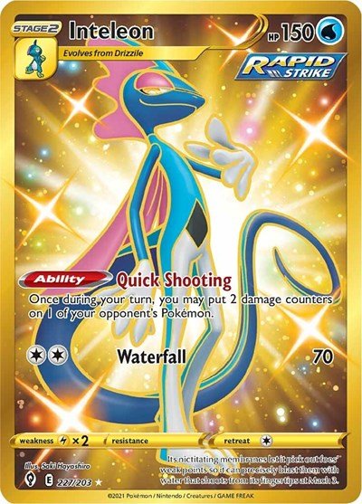 Pokémon card: Inteleon 227/203 from Evolving Skies (Secret Rare), Water type, front of card