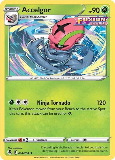 Pokémon card: Accelgor 014/264 from Fusion Strike (Rare), Grass type, front of card