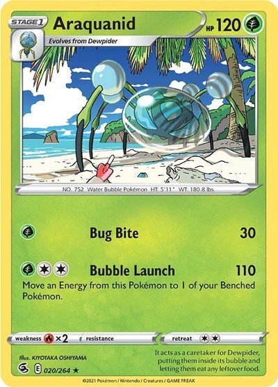 Pokémon card: Araquanid 020/264 from Fusion Strike (Rare), Grass type, front of card