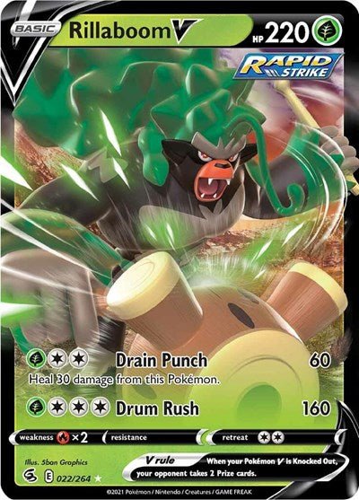 Pokémon card: Rillaboom V 022/264 from Fusion Strike (Ultra Rare), Grass type, front of card
