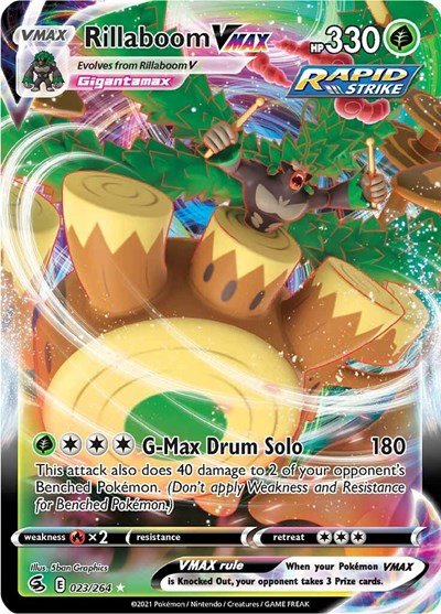 Pokémon card: Rillaboom VMAX 023/264 from Fusion Strike (Ultra Rare), Grass type, front of card