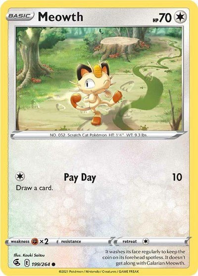 Pokémon card: Meowth 199/264 from Fusion Strike (Common), Colorless type, front of card