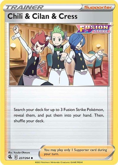 Pokémon card: Chili & Cilan & Cress 227/264 from Fusion Strike (Uncommon), front of card
