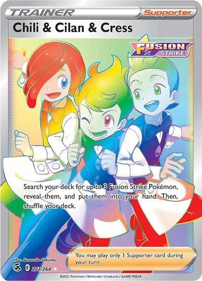 Pokémon card: Chili & Cilan & Cress 273/264 from Fusion Strike (Secret Rare), front of card