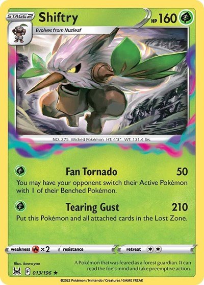 Pokémon card: Shiftry 013/196 from Lost Origin (Holo Rare), Grass type, front of card