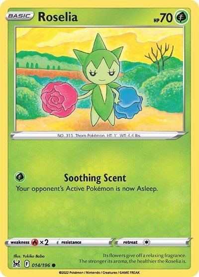 Pokémon card: Roselia 014/196 from Lost Origin (Common), Grass type, front of card