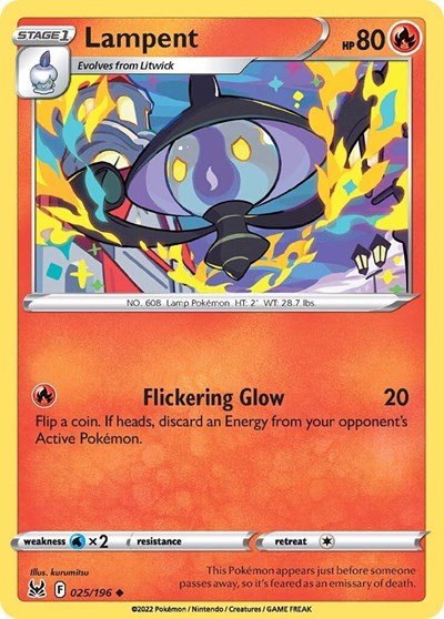 Pokémon card: Lampent 025/196 from Lost Origin (Uncommon), Fire type, front of card