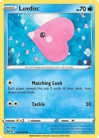 Pokémon card: Luvdisc 038/196 from Lost Origin (Common), Water type, front of card