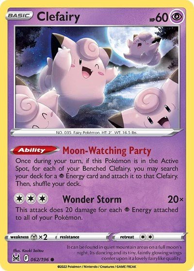 Pokémon card: Clefairy 062/196 from Lost Origin (Common), Psychic type, front of card