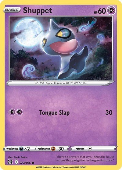 Pokémon card: Shuppet 072/196 from Lost Origin (Common), Psychic type, front of card