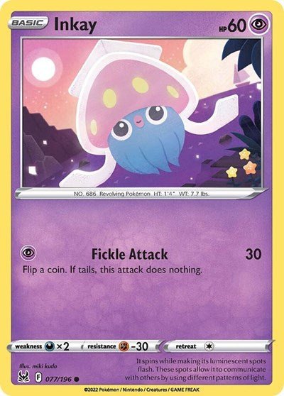 Pokémon card: Inkay 077/196 from Lost Origin (Common), Psychic type, front of card