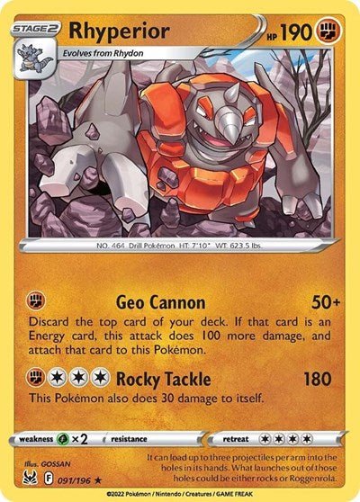 Pokémon card: Rhyperior 091/196 from Lost Origin (Rare), Fighting type, front of card