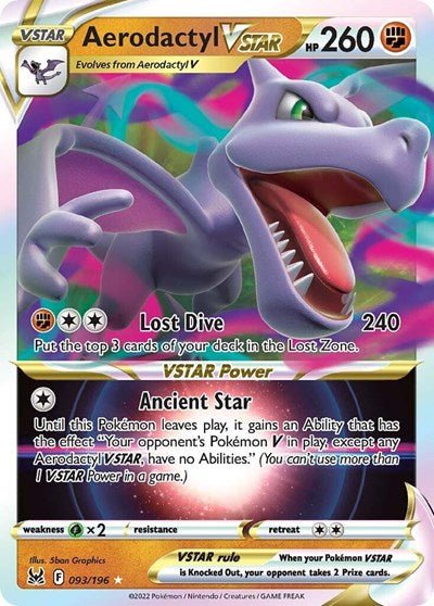 Pokémon card: Aerodactyl VSTAR 093/196 from Lost Origin (Ultra Rare), Fighting type, front of card