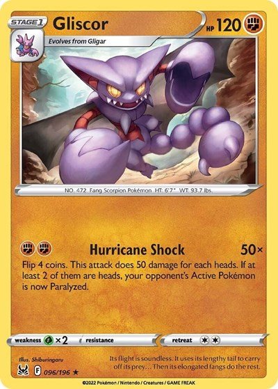 Pokémon card: Gliscor 096/196 from Lost Origin (Rare), Fighting type, front of card