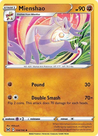 Pokémon card: Mienshao 104/196 from Lost Origin (Uncommon), Fighting type, front of card