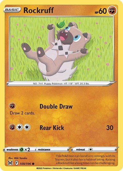 Pokémon card: Rockruff 109/196 from Lost Origin (Common), Fighting type, front of card
