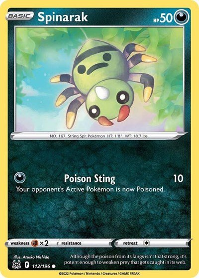 Pokémon card: Spinarak 112/196 from Lost Origin (Common), Darkness type, front of card