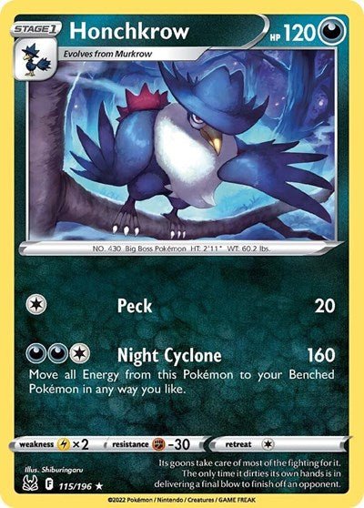 Pokémon card: Honchkrow 115/196 from Lost Origin (Rare), Darkness type, front of card