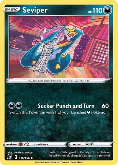 Pokémon card: Seviper 116/196 from Lost Origin (Uncommon), Darkness type, front of card