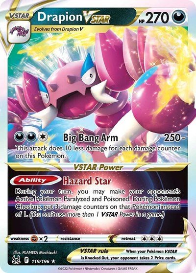 Pokémon card: Drapion VSTAR 119/196 from Lost Origin (Ultra Rare), Darkness type, front of card