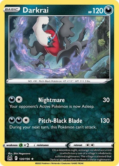 Pokémon card: Darkrai 120/196 from Lost Origin (Holo Rare), Darkness type, front of card