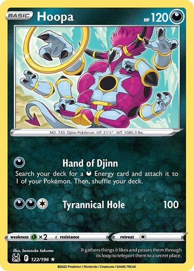 Pokémon card: Hoopa 122/196 from Lost Origin (Rare), Darkness type, front of card