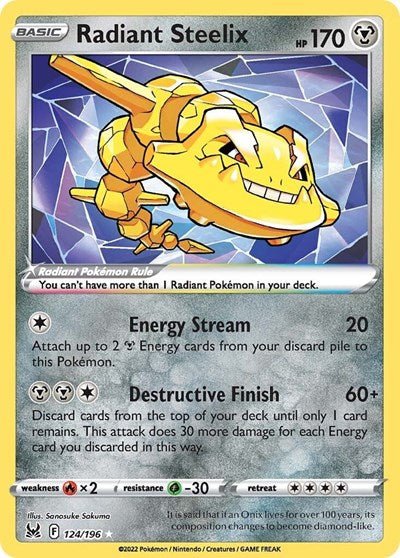 Pokémon card: Radiant Steelix 124/196 from Lost Origin (Radiant Rare), Metal type, front of card