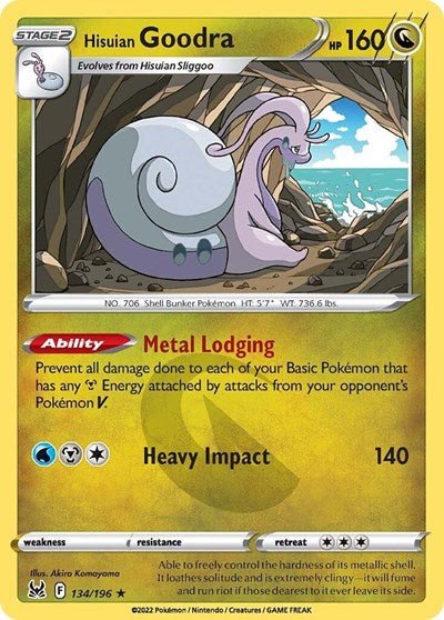Pokémon card: Hisuian Goodra 134/196 from Lost Origin (Holo Rare), Dragon type, front of card
