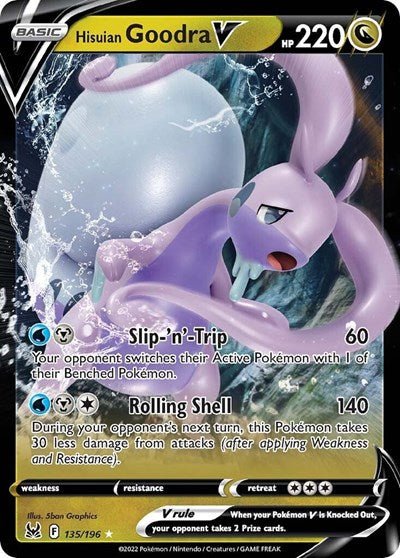 Pokémon card: Hisuian Goodra V 135/196 from Lost Origin (Ultra Rare), Dragon type, front of card