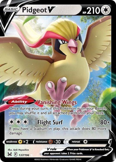 Pokémon card: Pidgeot V 137/196 from Lost Origin (Ultra Rare), Colorless type, front of card