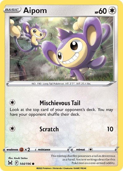 Pokémon card: Aipom 144/196 from Lost Origin (Common), Colorless type, front of card
