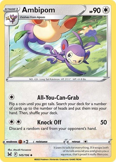 Pokémon card: Ambipom 145/196 from Lost Origin (Uncommon), Colorless type, front of card