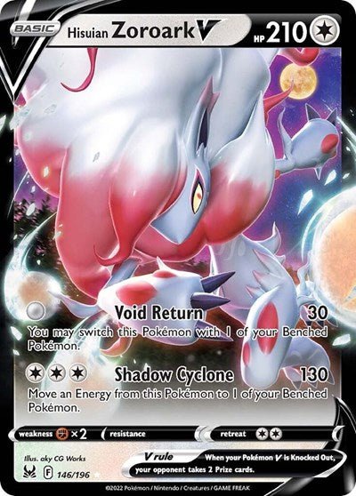 Pokémon card: Hisuian Zoroark V 146/196 from Lost Origin (Ultra Rare), Colorless type, front of card