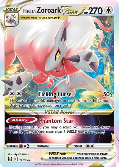 Pokémon card: Hisuian Zoroark VSTAR 147/196 from Lost Origin (Ultra Rare), Colorless type, front of card