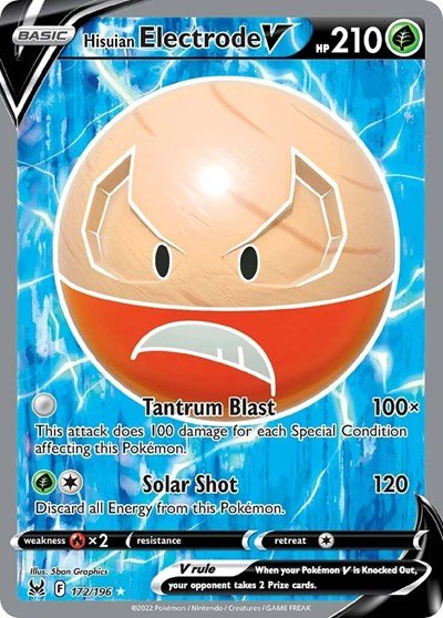Pokémon card: Hisuian Electrode V (Full Art) 172/196 from Lost Origin (Ultra Rare), Grass type, front of card