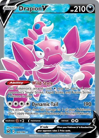 Pokémon card: Drapion V (Full Art) 182/196 from Lost Origin (Ultra Rare), Darkness type, front of card